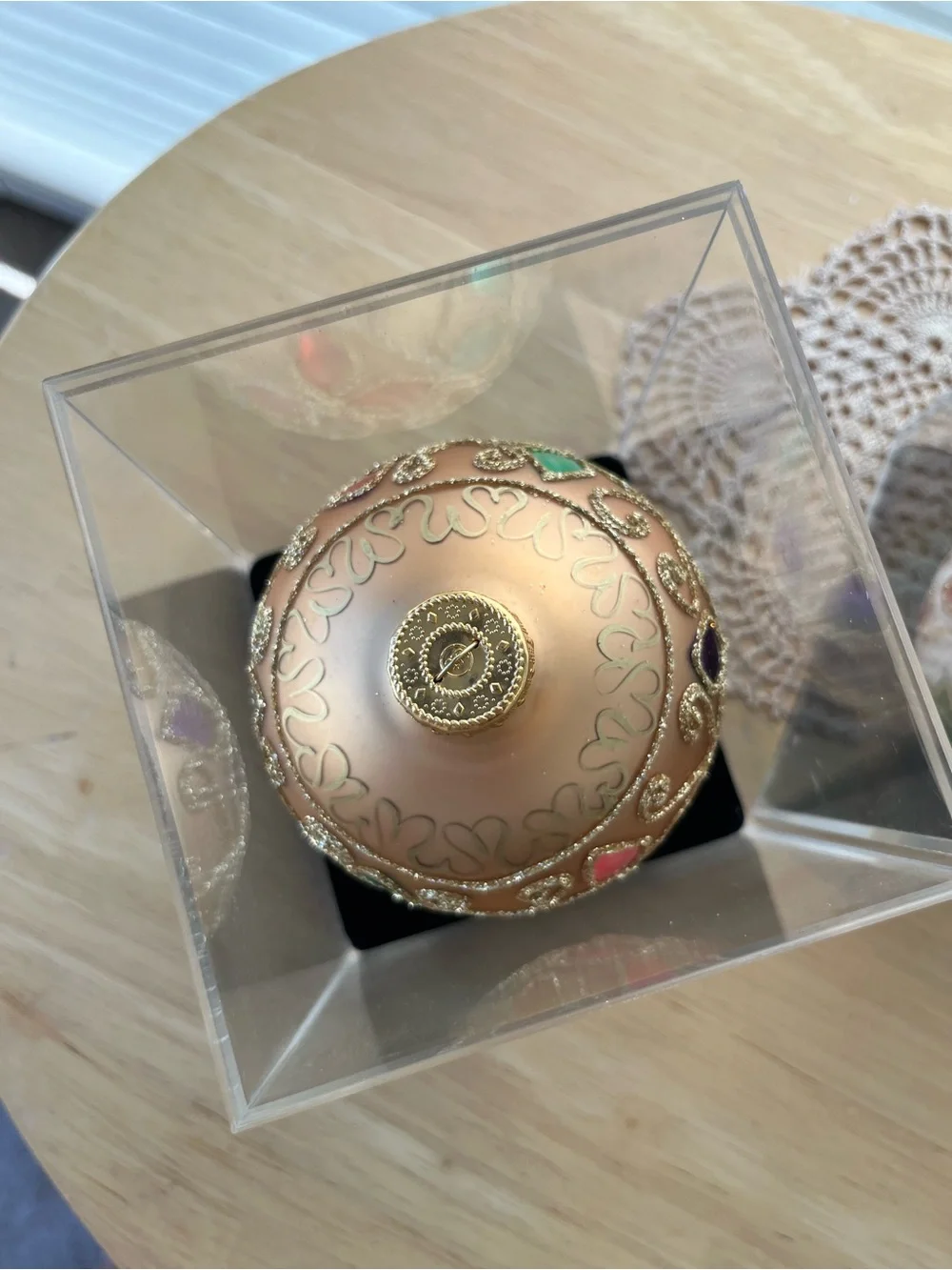 Decorative Red and Gold Glass Bowl with Embellished Ornaments